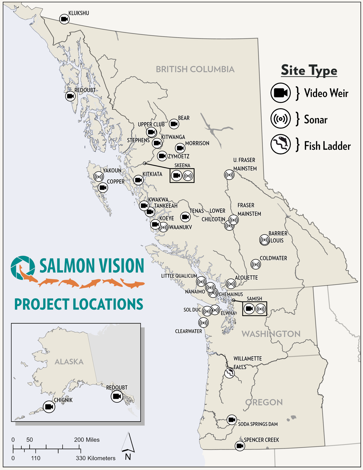 Map of western North America showing SalmonVision collaboration and monitoring sites across Alaska, British Columbia, Washington, and Oregon, with active and pending locations.